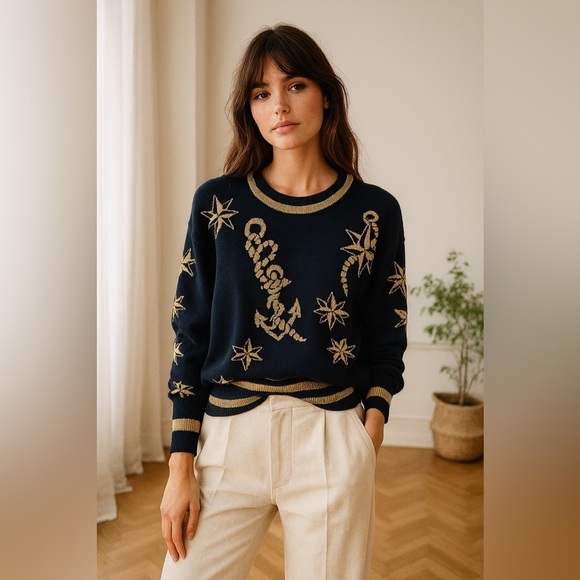 ESCADA by Margaretha Ley Vintage Nautical Black and Gold Sweater - Picture 1 of 7